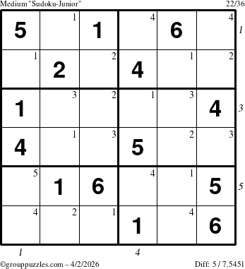 The grouppuzzles.com Medium Sudoku-Junior puzzle for Thursday April 2, 2026 with all 5 steps marked