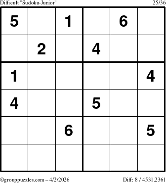 The grouppuzzles.com Difficult Sudoku-Junior puzzle for Thursday April 2, 2026
