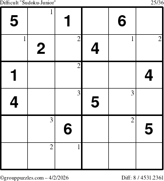 The grouppuzzles.com Difficult Sudoku-Junior puzzle for Thursday April 2, 2026 with the first 3 steps marked