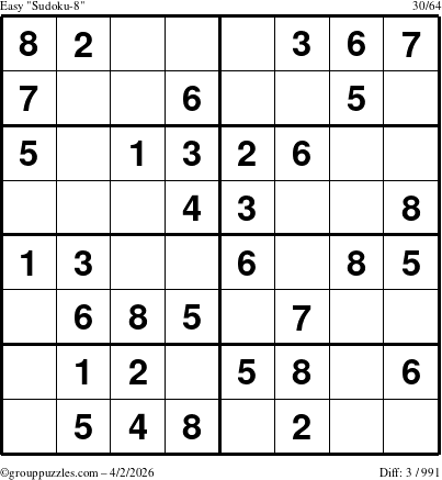 The grouppuzzles.com Easy Sudoku-8 puzzle for Thursday April 2, 2026