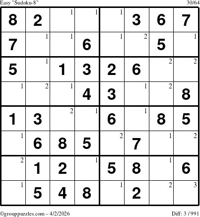 The grouppuzzles.com Easy Sudoku-8 puzzle for Thursday April 2, 2026 with the first 3 steps marked