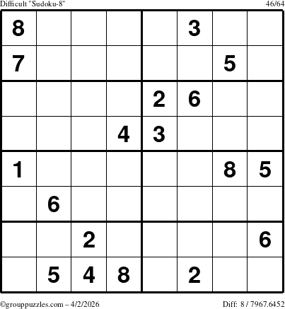 The grouppuzzles.com Difficult Sudoku-8 puzzle for Thursday April 2, 2026