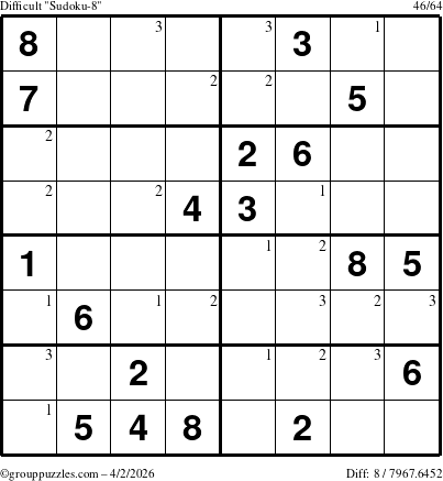 The grouppuzzles.com Difficult Sudoku-8 puzzle for Thursday April 2, 2026 with the first 3 steps marked