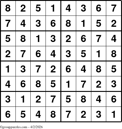 The grouppuzzles.com Answer grid for the Sudoku-8 puzzle for Thursday April 2, 2026