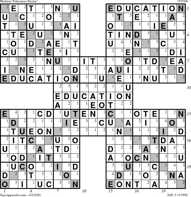 The grouppuzzles.com Medium Education-Xtreme puzzle for Thursday April 2, 2026, suitable for printing, with all 5 steps marked