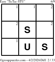 The grouppuzzles.com Easy TicTac-STU puzzle for Thursday April 2, 2026 with the first 2 steps marked