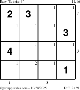The grouppuzzles.com Easy Sudoku-4 puzzle for Tuesday October 28, 2025, suitable for printing, with all 2 steps marked