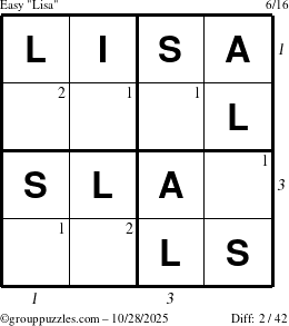 The grouppuzzles.com Easy Lisa puzzle for Tuesday October 28, 2025 with all 2 steps marked