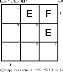 The grouppuzzles.com Easy TicTac-DEF puzzle for Tuesday October 28, 2025 with all 2 steps marked