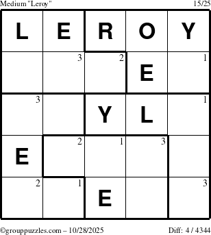 The grouppuzzles.com Medium Leroy puzzle for Tuesday October 28, 2025 with the first 3 steps marked