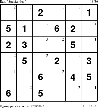 The grouppuzzles.com Easy Sudoku-6up puzzle for Tuesday October 28, 2025 with the first 3 steps marked