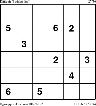 The grouppuzzles.com Difficult Sudoku-6up puzzle for Tuesday October 28, 2025
