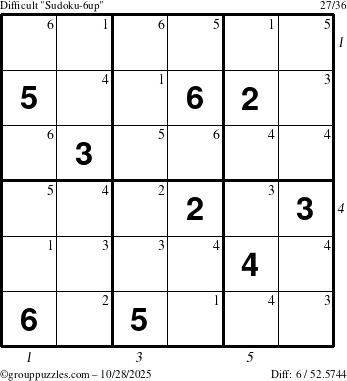 The grouppuzzles.com Difficult Sudoku-6up puzzle for Tuesday October 28, 2025 with all 6 steps marked