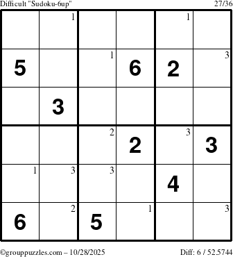 The grouppuzzles.com Difficult Sudoku-6up puzzle for Tuesday October 28, 2025 with the first 3 steps marked