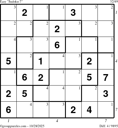 The grouppuzzles.com Easy Sudoku-7 puzzle for Tuesday October 28, 2025, suitable for printing, with all 4 steps marked