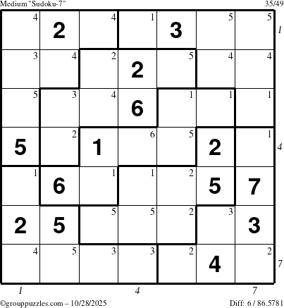 The grouppuzzles.com Medium Sudoku-7 puzzle for Tuesday October 28, 2025 with all 6 steps marked
