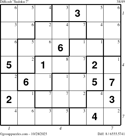 The grouppuzzles.com Difficult Sudoku-7 puzzle for Tuesday October 28, 2025, suitable for printing, with all 8 steps marked