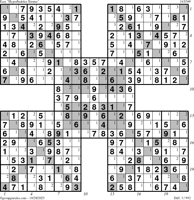 The grouppuzzles.com Easy HyperSudoku-Xtreme puzzle for Tuesday October 28, 2025, suitable for printing, with all 3 steps marked