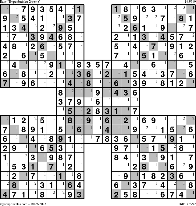 The grouppuzzles.com Easy HyperSudoku-Xtreme puzzle for Tuesday October 28, 2025 with the first 3 steps marked