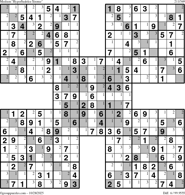 The grouppuzzles.com Medium HyperSudoku-Xtreme puzzle for Tuesday October 28, 2025 with the first 3 steps marked