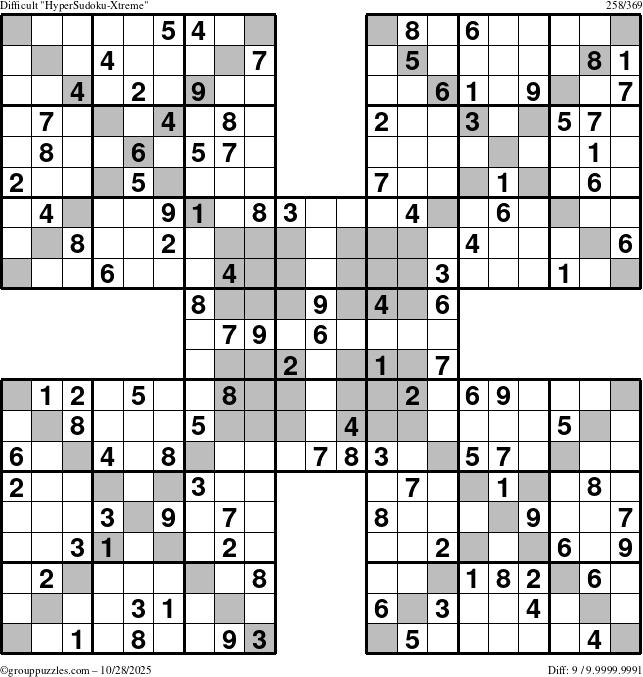 The grouppuzzles.com Difficult HyperSudoku-Xtreme puzzle for Tuesday October 28, 2025