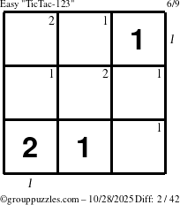 The grouppuzzles.com Easy TicTac-123 puzzle for Tuesday October 28, 2025 with all 2 steps marked