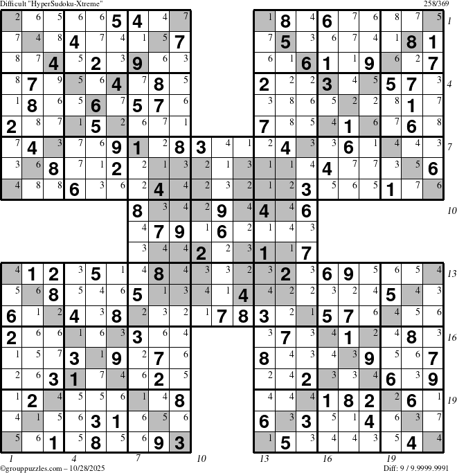 The grouppuzzles.com Difficult HyperSudoku-Xtreme puzzle for Tuesday October 28, 2025, suitable for printing, with all 9 steps marked