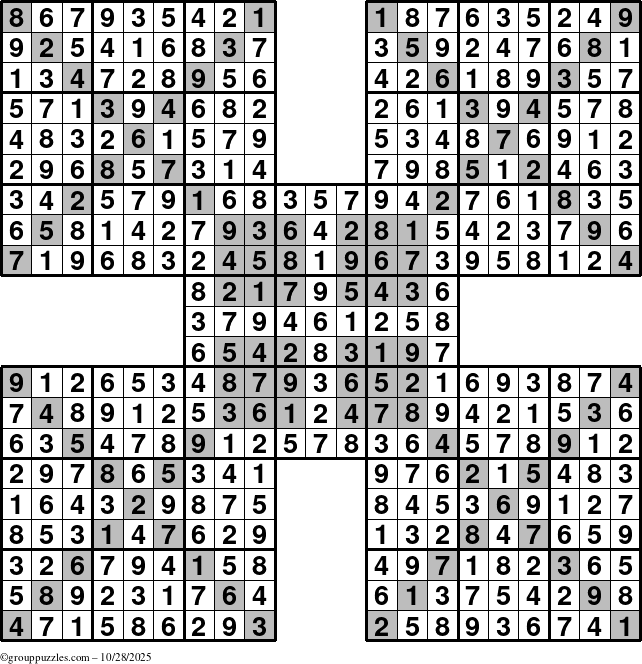 The grouppuzzles.com Answer grid for the HyperSudoku-Xtreme puzzle for Tuesday October 28, 2025