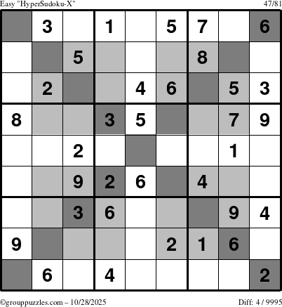The grouppuzzles.com Easy HyperSudoku-X puzzle for Tuesday October 28, 2025