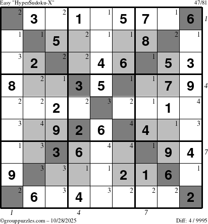 The grouppuzzles.com Easy HyperSudoku-X puzzle for Tuesday October 28, 2025 with all 4 steps marked