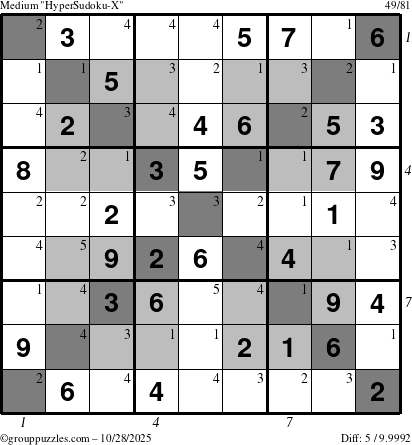 The grouppuzzles.com Medium HyperSudoku-X puzzle for Tuesday October 28, 2025, suitable for printing, with all 5 steps marked