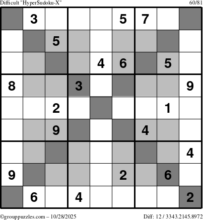The grouppuzzles.com Difficult HyperSudoku-X puzzle for Tuesday October 28, 2025