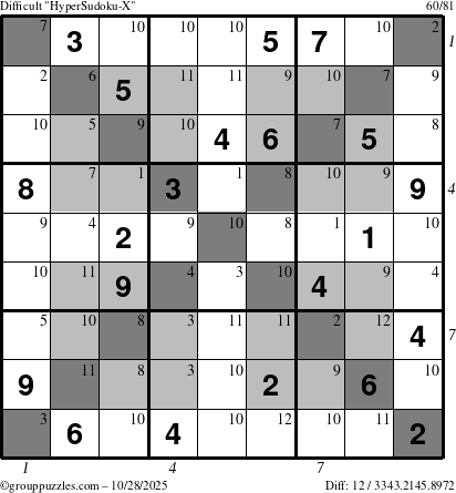The grouppuzzles.com Difficult HyperSudoku-X puzzle for Tuesday October 28, 2025, suitable for printing, with all 12 steps marked
