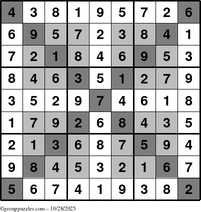 The grouppuzzles.com Answer grid for the HyperSudoku-X puzzle for Tuesday October 28, 2025