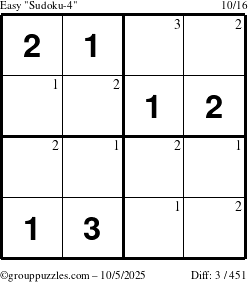 The grouppuzzles.com Easy Sudoku-4 puzzle for Sunday October 5, 2025 with the first 3 steps marked