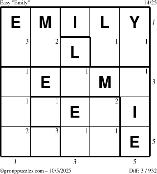 The grouppuzzles.com Easy Emily puzzle for Sunday October 5, 2025, suitable for printing, with all 3 steps marked