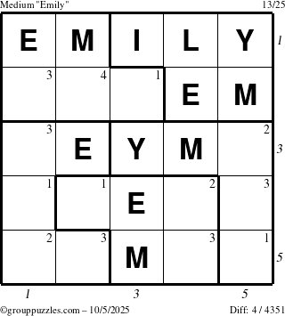 The grouppuzzles.com Medium Emily puzzle for Sunday October 5, 2025, suitable for printing, with all 4 steps marked