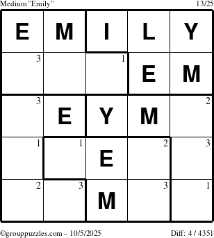 The grouppuzzles.com Medium Emily puzzle for Sunday October 5, 2025 with the first 3 steps marked