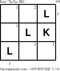 The grouppuzzles.com Easy TicTac-JKL puzzle for Sunday October 5, 2025, suitable for printing, with all 2 steps marked