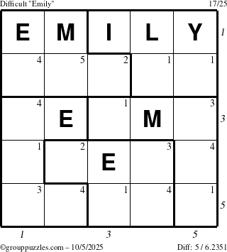 The grouppuzzles.com Difficult Emily puzzle for Sunday October 5, 2025 with all 5 steps marked