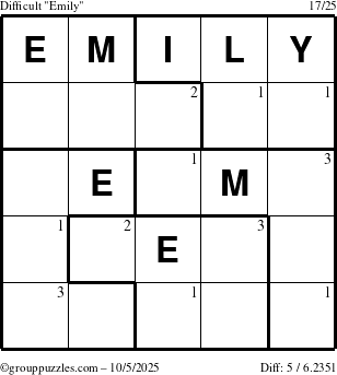 The grouppuzzles.com Difficult Emily puzzle for Sunday October 5, 2025 with the first 3 steps marked