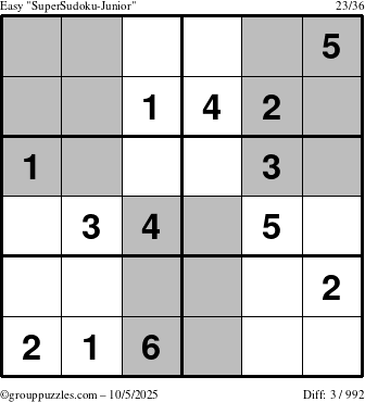 The grouppuzzles.com Easy SuperSudoku-Junior puzzle for Sunday October 5, 2025