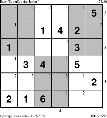 The grouppuzzles.com Easy SuperSudoku-Junior puzzle for Sunday October 5, 2025 with all 3 steps marked