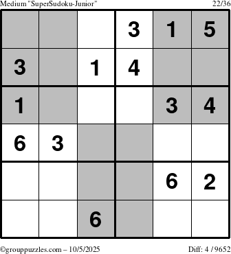 The grouppuzzles.com Medium SuperSudoku-Junior puzzle for Sunday October 5, 2025