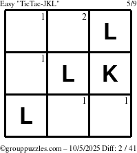 The grouppuzzles.com Easy TicTac-JKL puzzle for Sunday October 5, 2025 with the first 2 steps marked