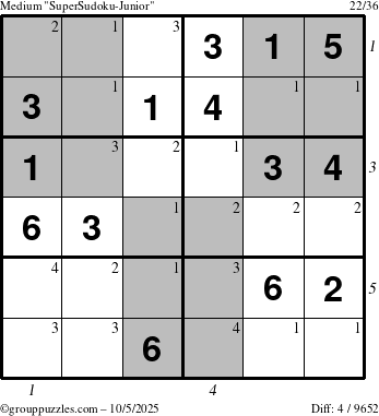 The grouppuzzles.com Medium SuperSudoku-Junior puzzle for Sunday October 5, 2025, suitable for printing, with all 4 steps marked
