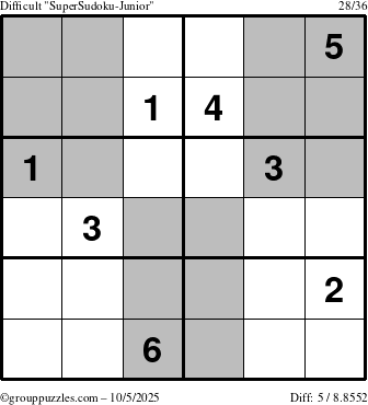 The grouppuzzles.com Difficult SuperSudoku-Junior puzzle for Sunday October 5, 2025