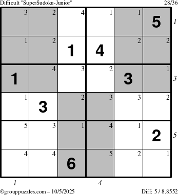 The grouppuzzles.com Difficult SuperSudoku-Junior puzzle for Sunday October 5, 2025 with all 5 steps marked