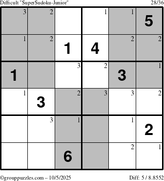 The grouppuzzles.com Difficult SuperSudoku-Junior puzzle for Sunday October 5, 2025 with the first 3 steps marked