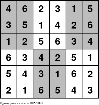 The grouppuzzles.com Answer grid for the SuperSudoku-Junior puzzle for Sunday October 5, 2025